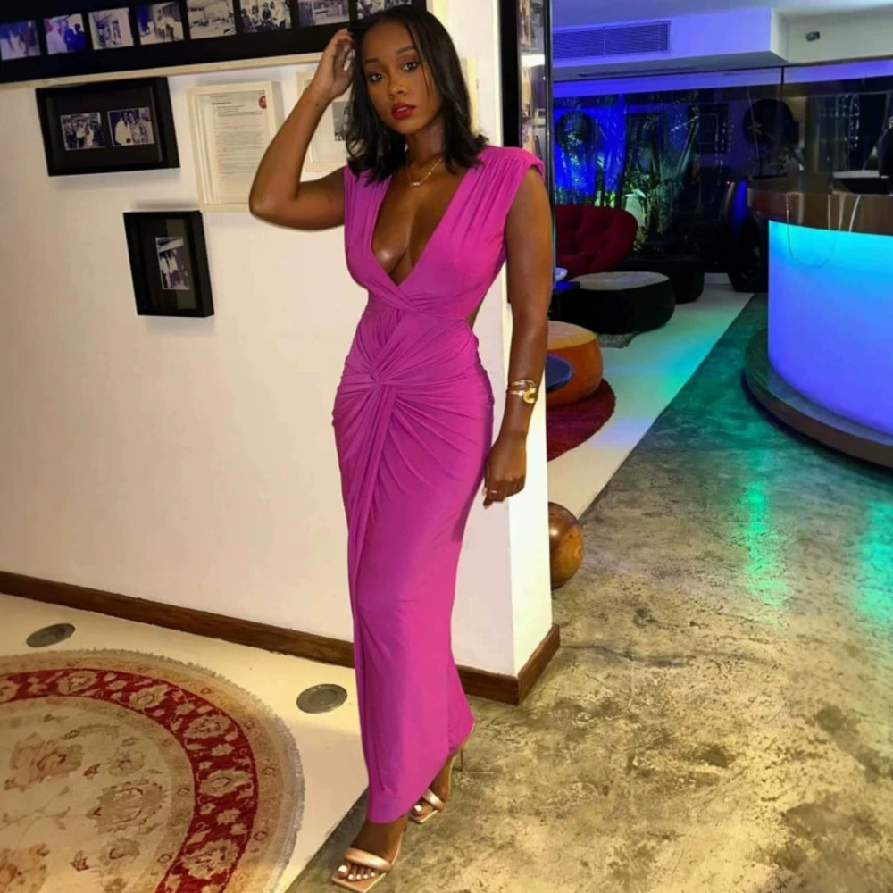 African Fashion Sexy V Neck Waist Pleated Solid Split Long Dress
